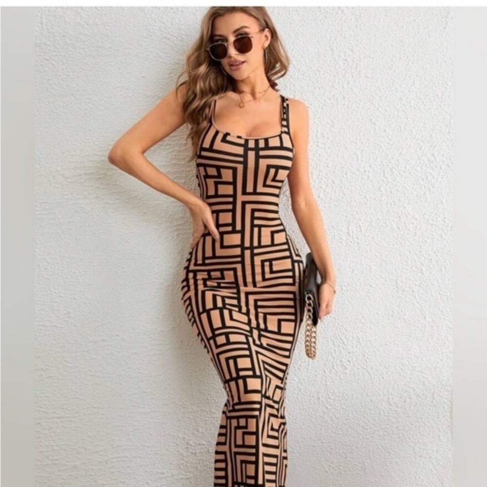 ✨NEW Geometric Patterned Black and Tan Body Dress
